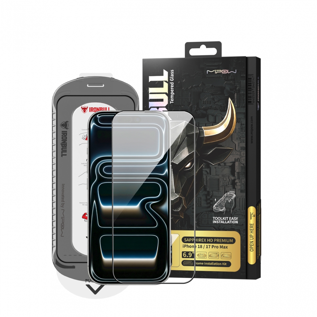 Kính Cường Lực Sapphire iPhone 18 Pro Max 6.9” 2026 MIPOW IRONBULL SapphirEX HD Premium Tool Kit & Frame Camera Cover